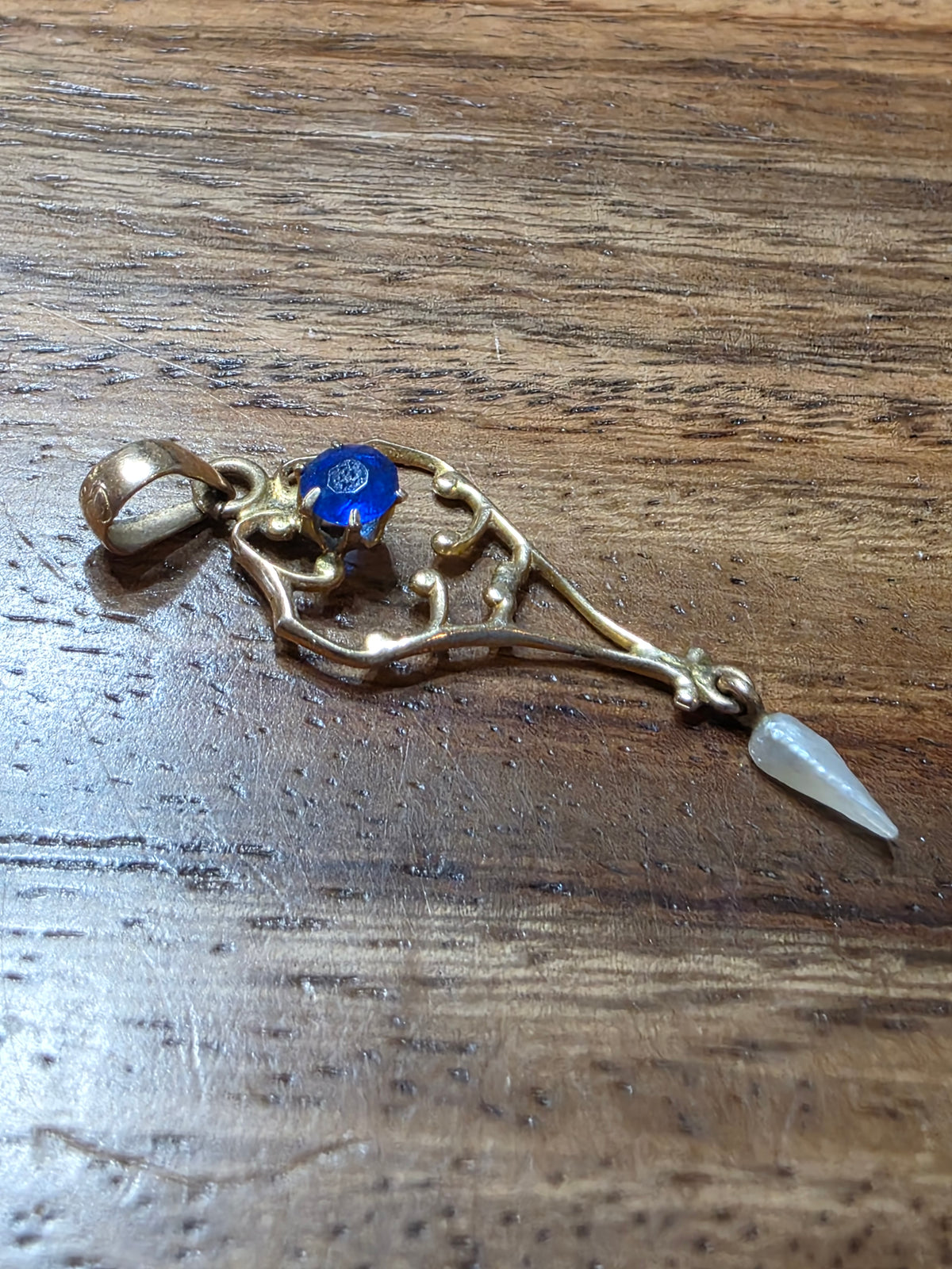 Antique Edwardian 10k Gold  Sapphire & Dog Tooth Pearl Drop Lavalier Pendant