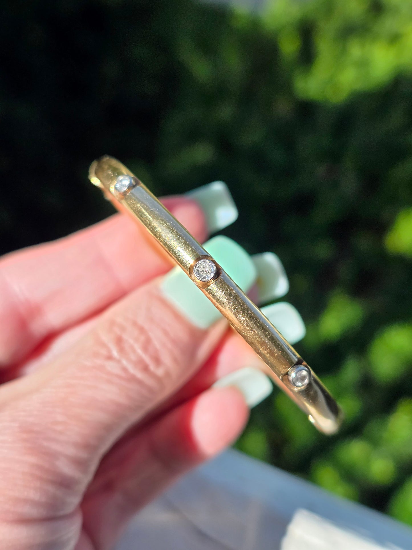 Vintage 14k Gold and Bezel Set Diamond Bangle Bracelet