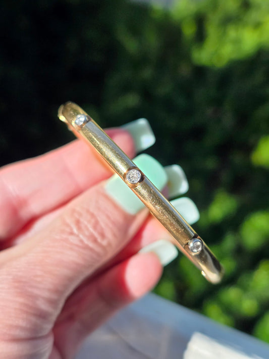 Vintage 14k Gold and Bezel Set Diamond Bangle Bracelet