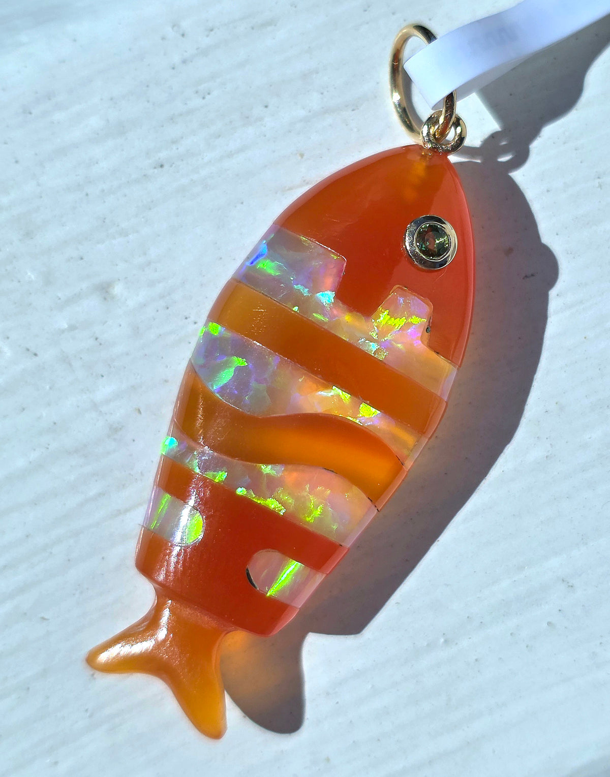 Orange Onyx, Opal 14k Gold Fish Pendant
