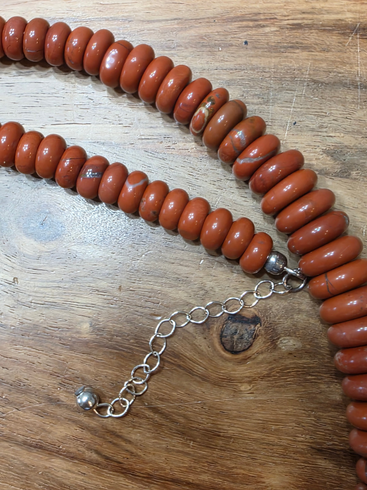 FAS Signed Southwestern Red Jasper Graduated Disc Bead Necklace 925 Silver