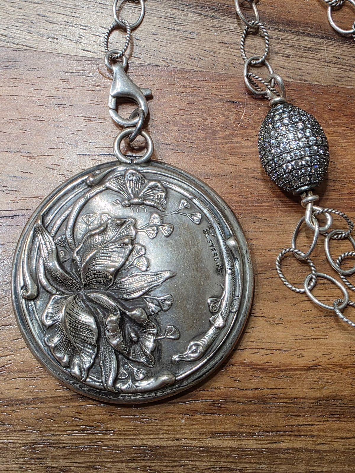 Art Nouveau F.S. Gilbert Sterling Silver Repousse Mirror Pendant Necklace
