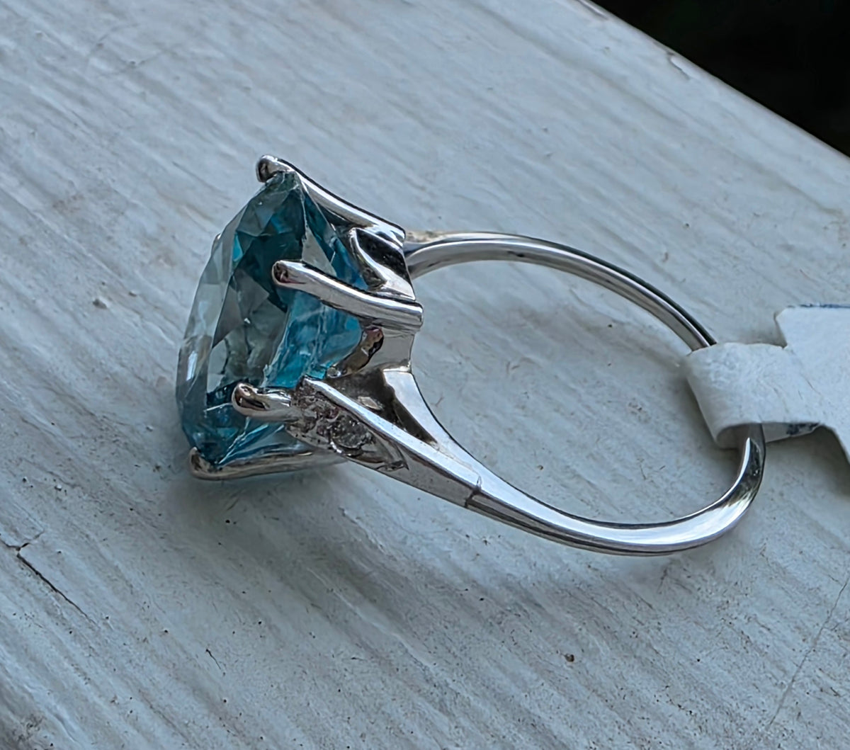 Art Deco 18k White Gold Blue Zircon & Diamond Ring