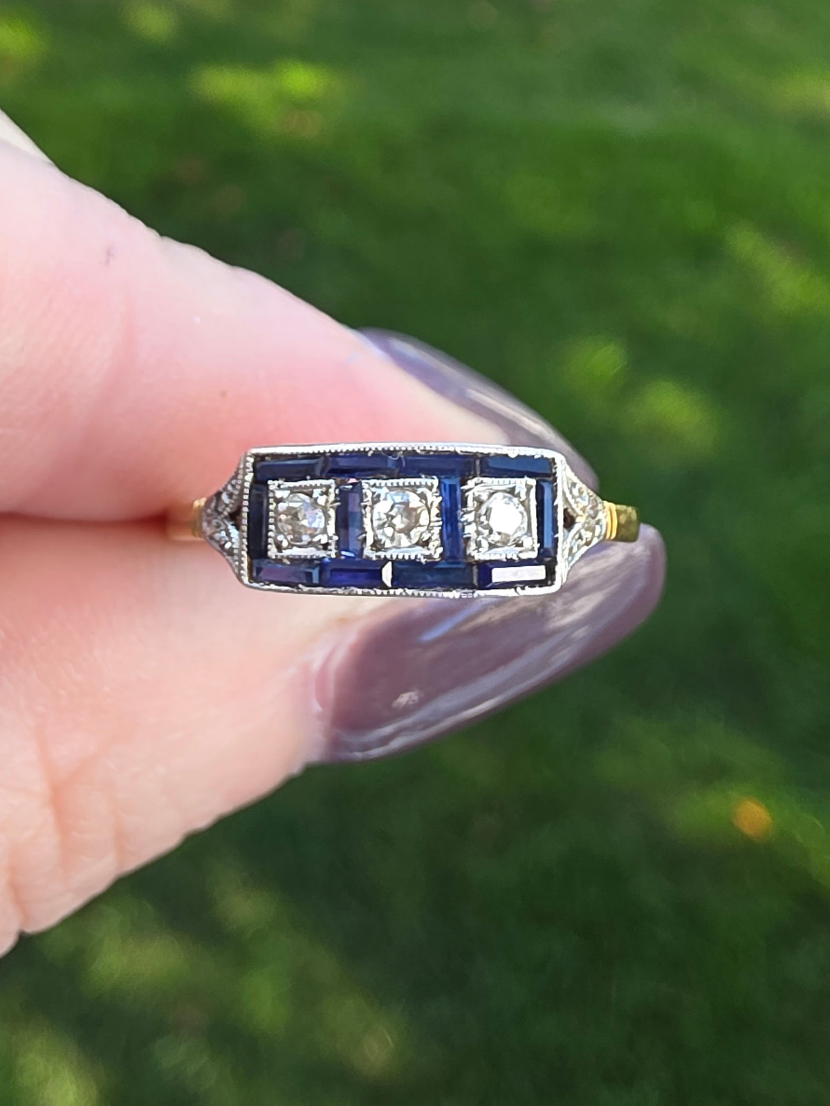 Antique Art Deco 18K Gold & Platinum Diamond and Synthetic Sapphire Panel Ring