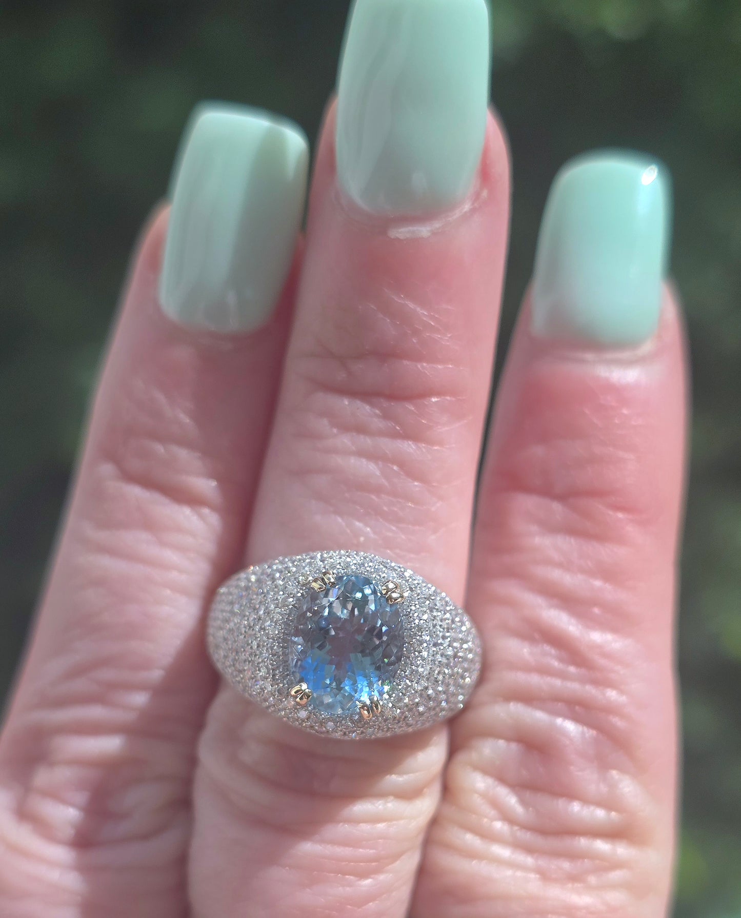18k Aquamarine & Pave Set Diamond Bombe Ring