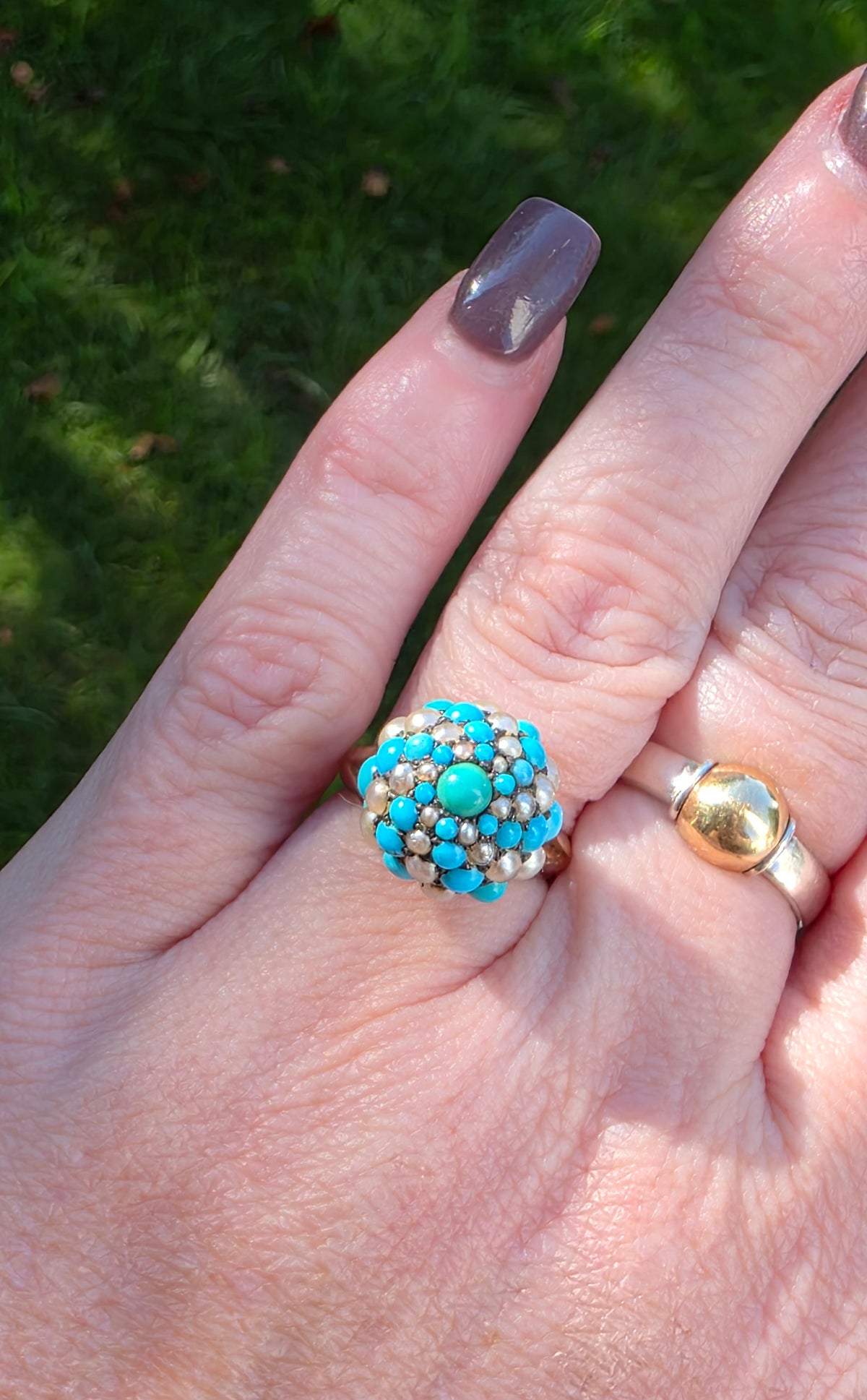 Vintage 14K Yellow Gold Falconi Signed Turquoise Pearl Basket Dome Cluster Ring