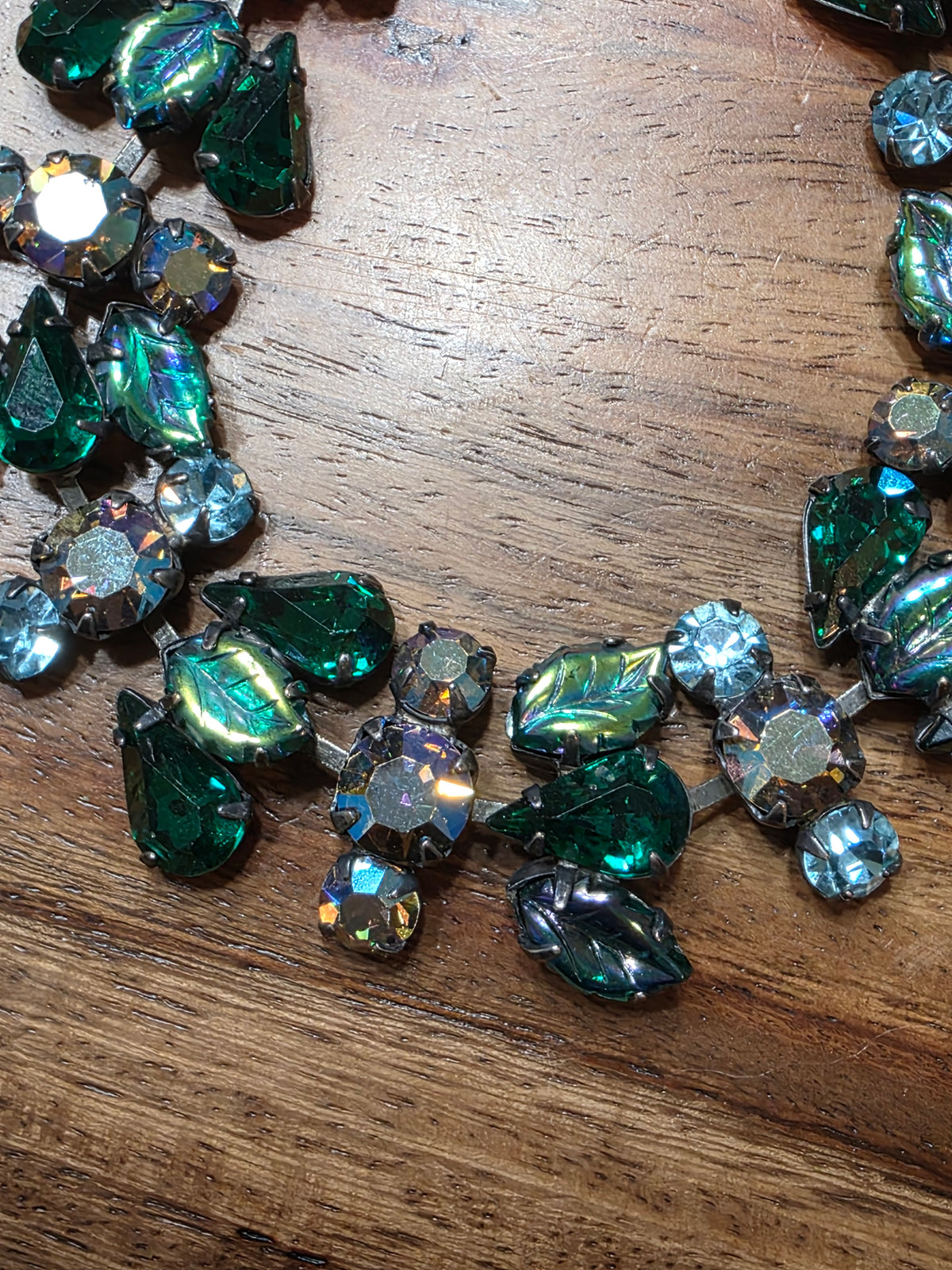 Vintage REGENCY Signed Green Molded Glass Leaf Rhinestone Necklace Bracelet Earring