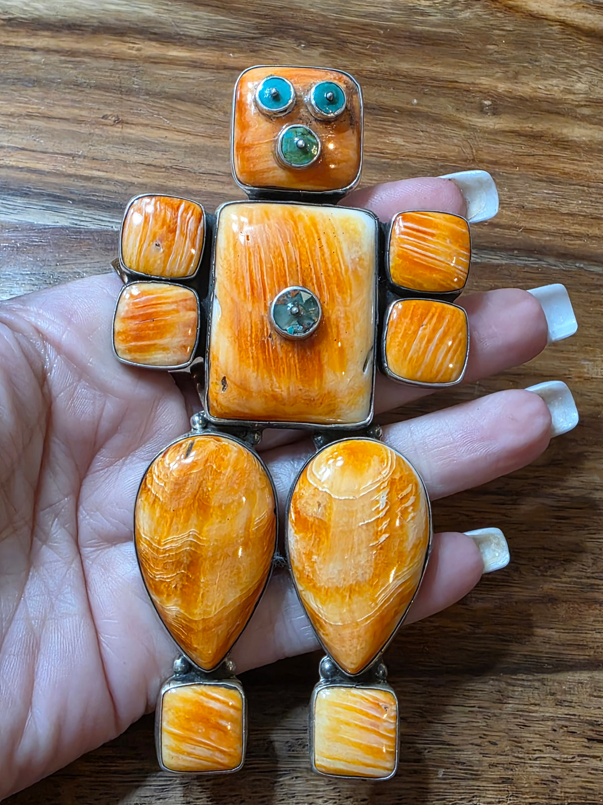 Spiny Oyster & Turquoise Sterling Silver Kachina Pendant By Federico Jimenez