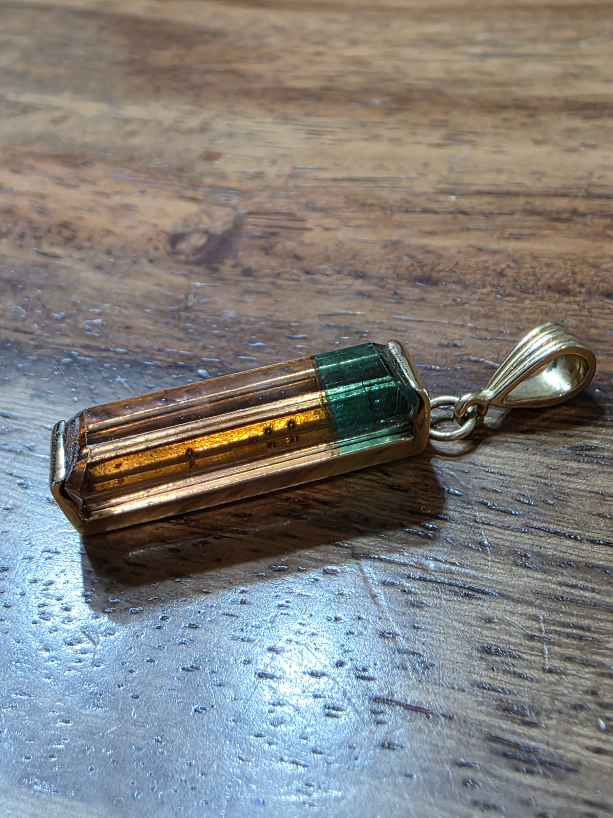 14k Yellow Gold Natural Watermelon Tourmaline Pendant Bi-Color Crystal