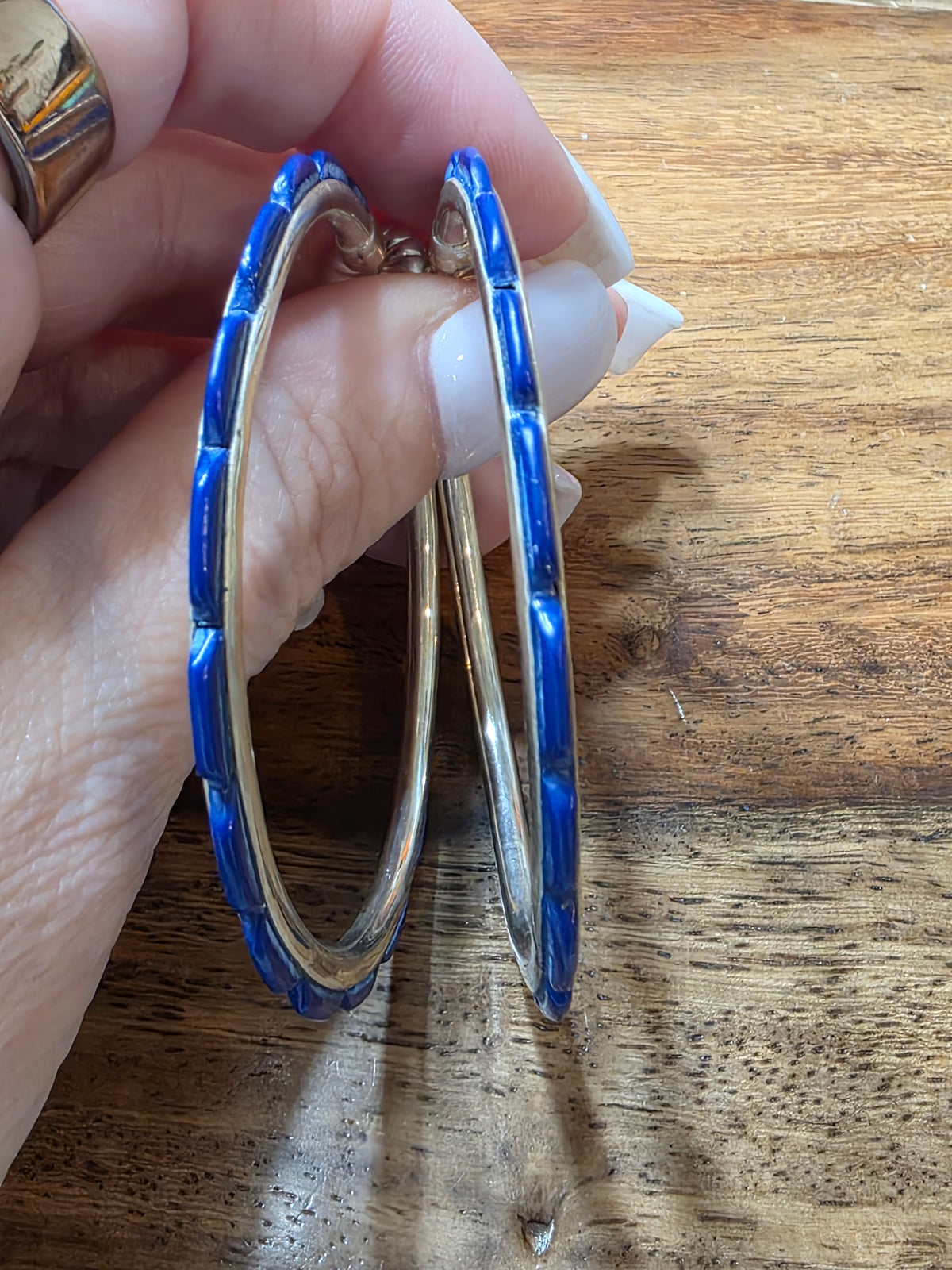 Federico Jimenez Sterling Silver Blue Lapis Lazuli Hoop Earrings 2 3/8"