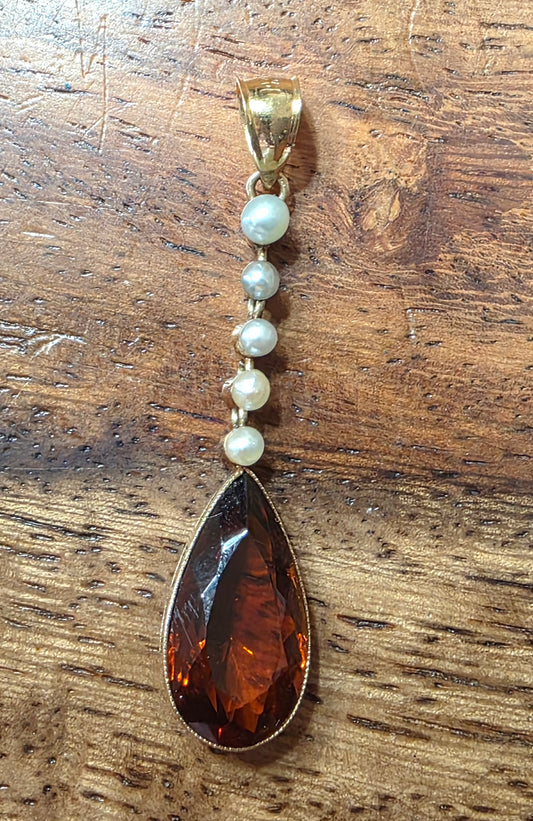 Antique Edwardian 14k Gold Madeira Citrine & Seed Pearl Lavalier Pendant