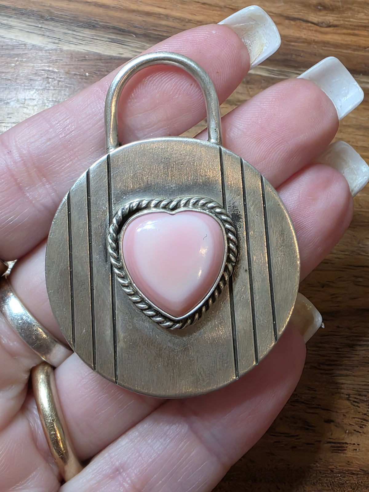 Handcrafted Charles Johnson Sterling Silver Pink Conch Heart Padlock Style Pendant