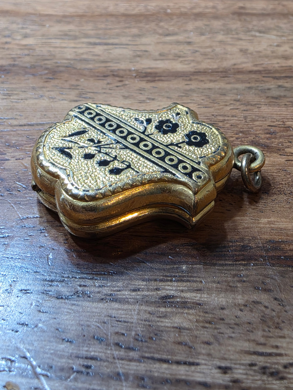 Antique Victorian 1880s Gold Filled Shield Locket Black Enamel Floral Design
