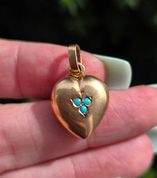 Antique 14k Gold & Turquoise Puffy Heart Locket