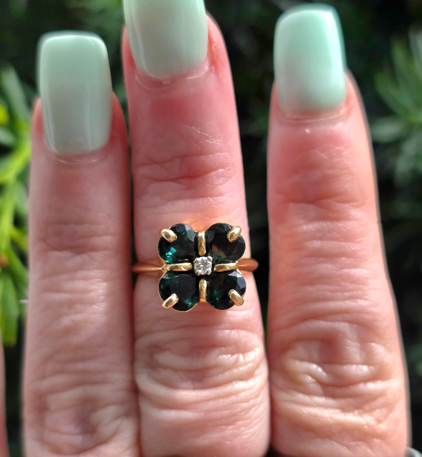 Green Tourmaline and Diamond 4 Leaf Clover Ring