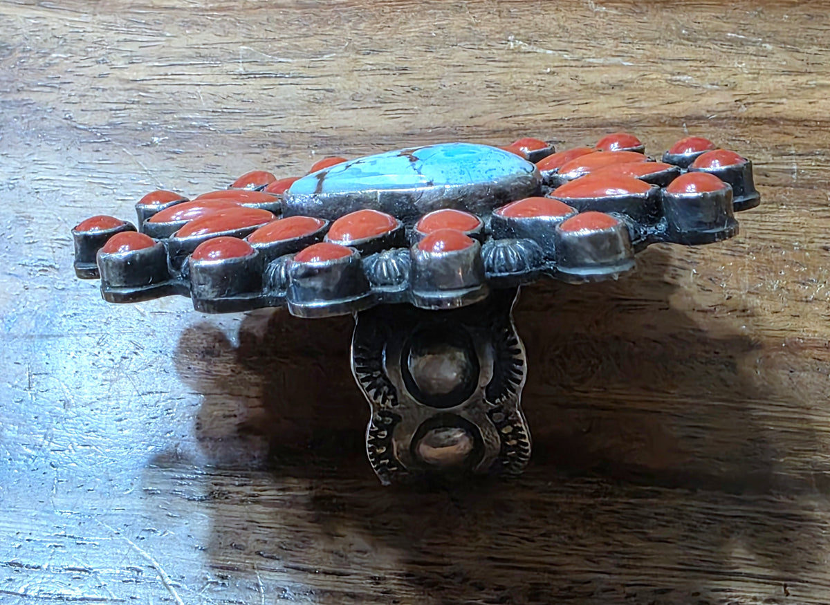 Shawn Cayatineto Navajo Golden Hills Turquoise & Red Coral Cluster Ring, Large