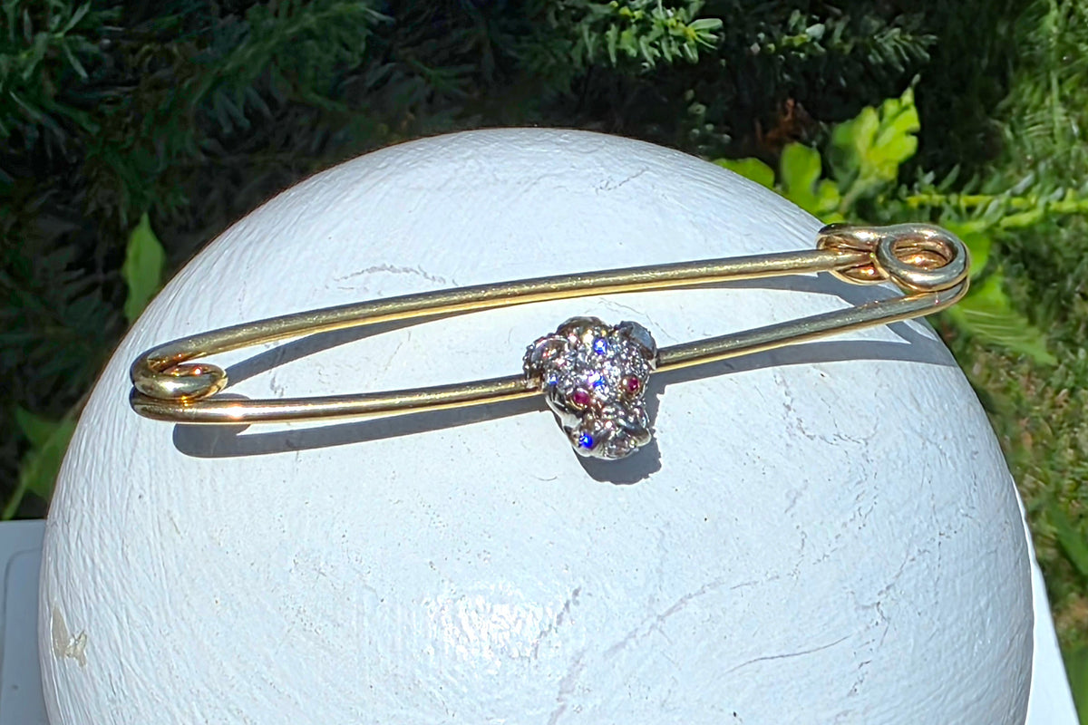 Edwardian 14k & Platinum Diamond Bulldog Safety Bar Pin