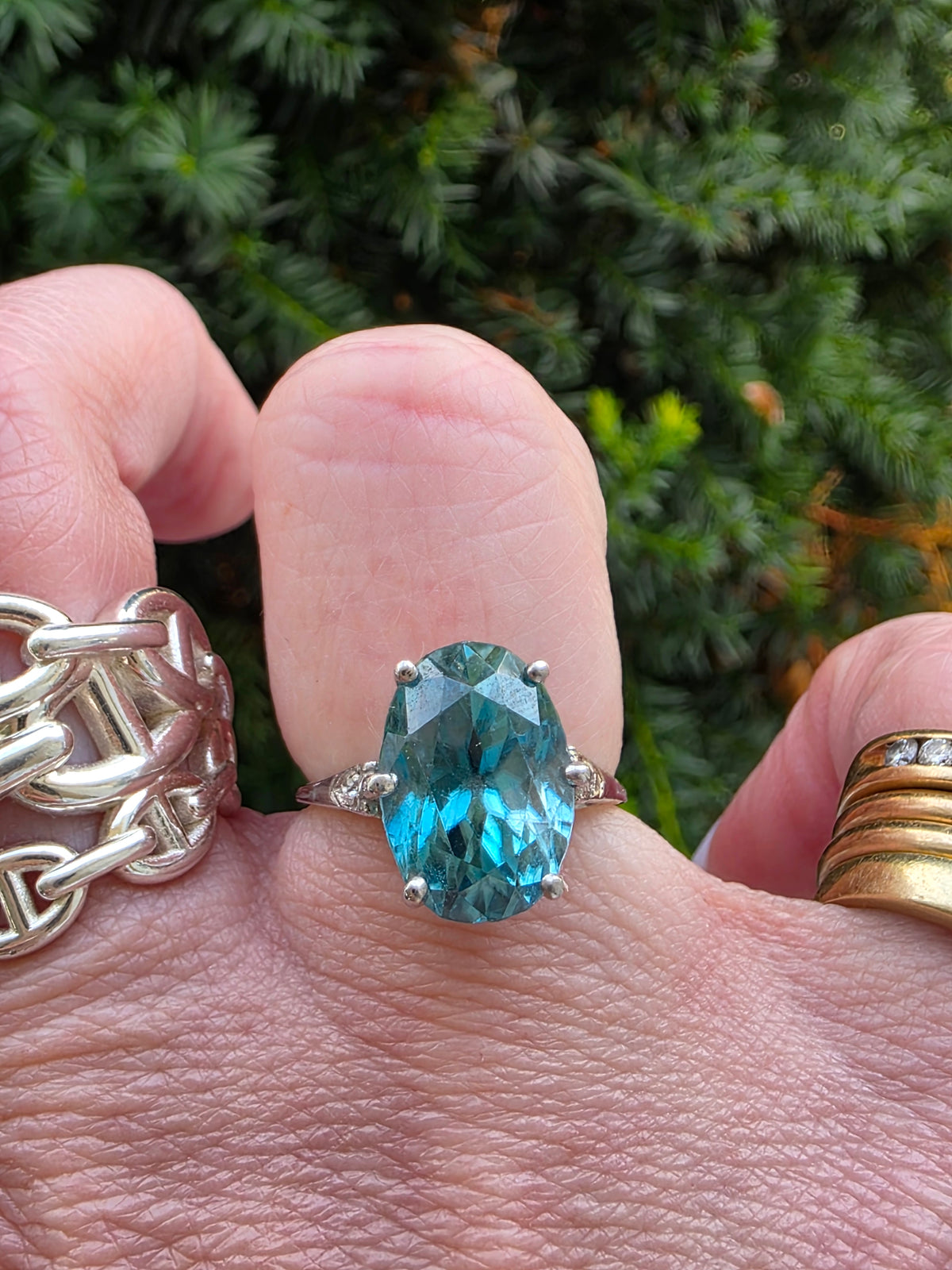 Art Deco 18k White Gold Blue Zircon & Diamond Ring