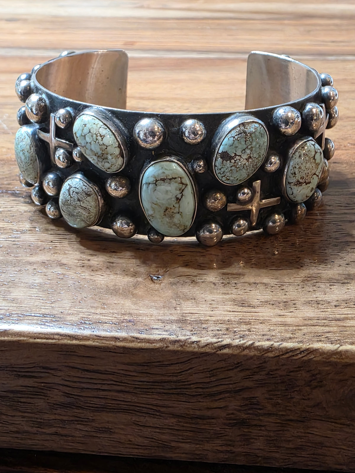 Navajo Ronnie Willie Dry Creek Turquoise Sterling Silver Cross Cuff Bracelet