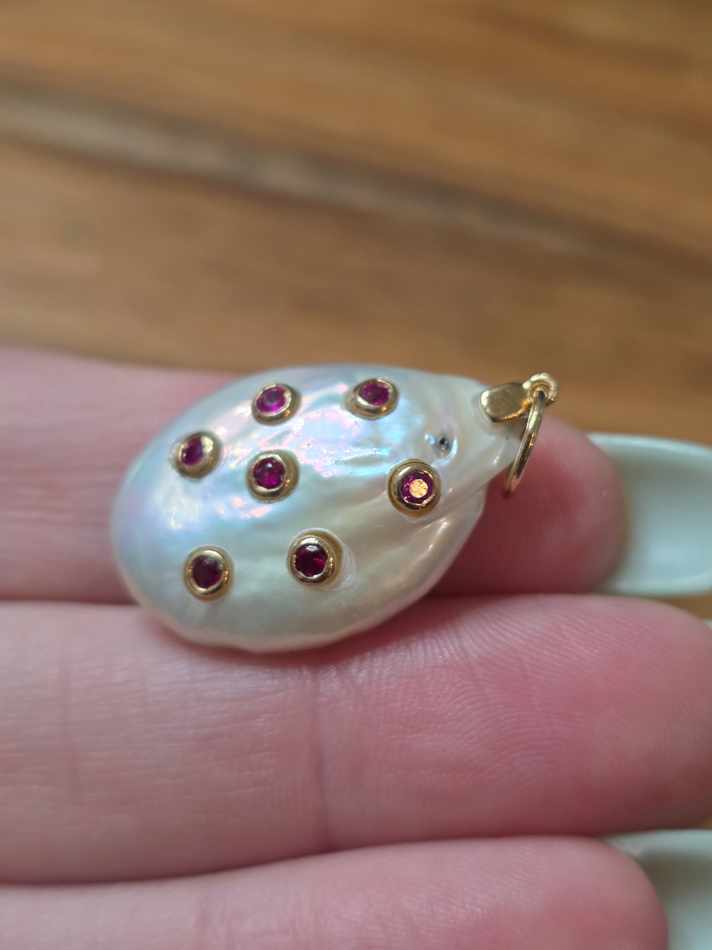 Unique 14k Gold Ruby & Pearl Pendant
