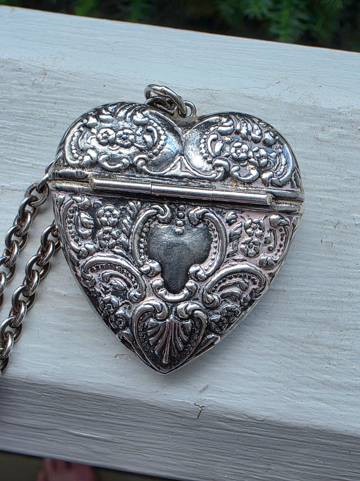 Antique Sterling Silver Repousse Heart Vesta Pendant Necklace