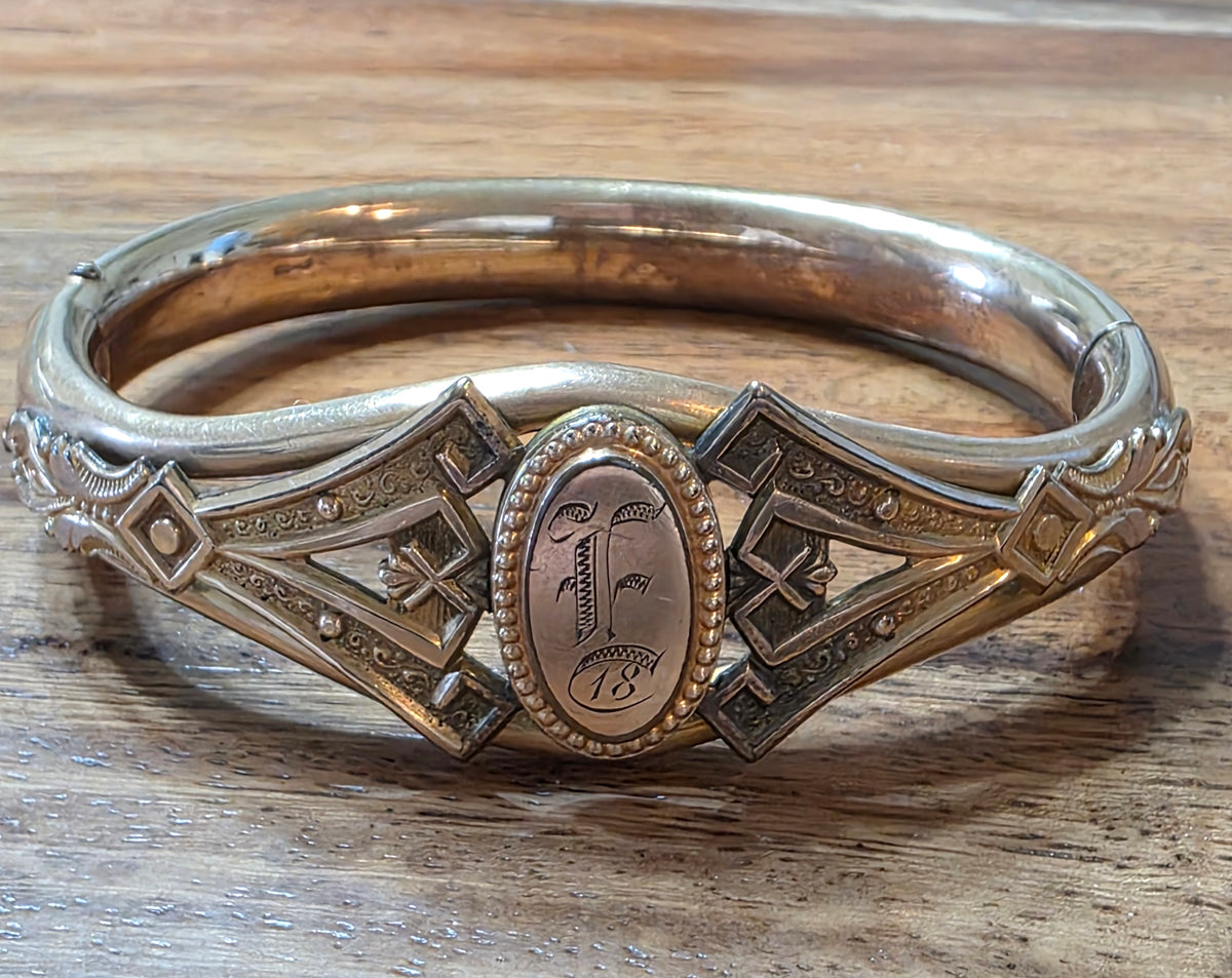 Antique Art Nouveau Gold-Filled Hinged Bangle Bracelet Monogram "E"