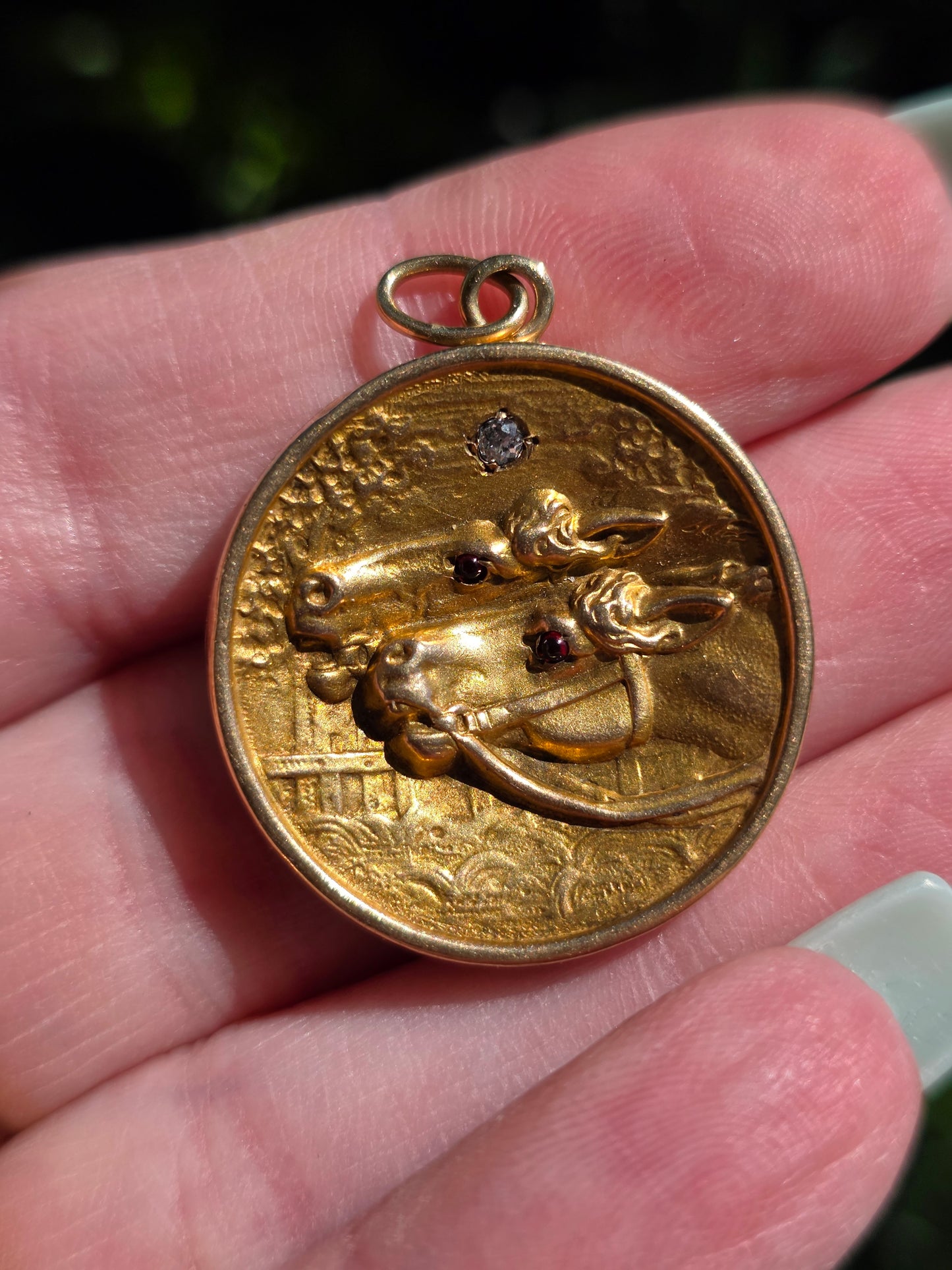 Antique 10k Double Horses Diamond & Garnet Locket