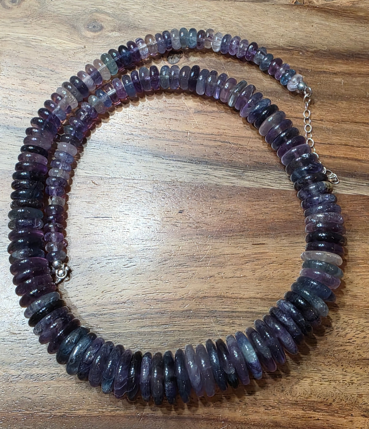 FAS 925 Sterling Silver Chunky Graduated Purple Fluorite Disc Rondelle Necklace