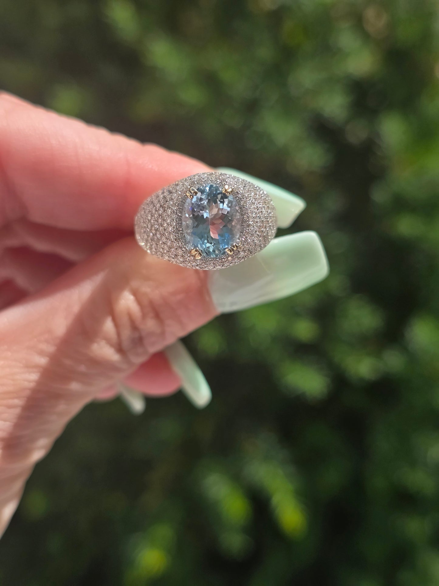 18k Aquamarine & Pave Set Diamond Bombe Ring