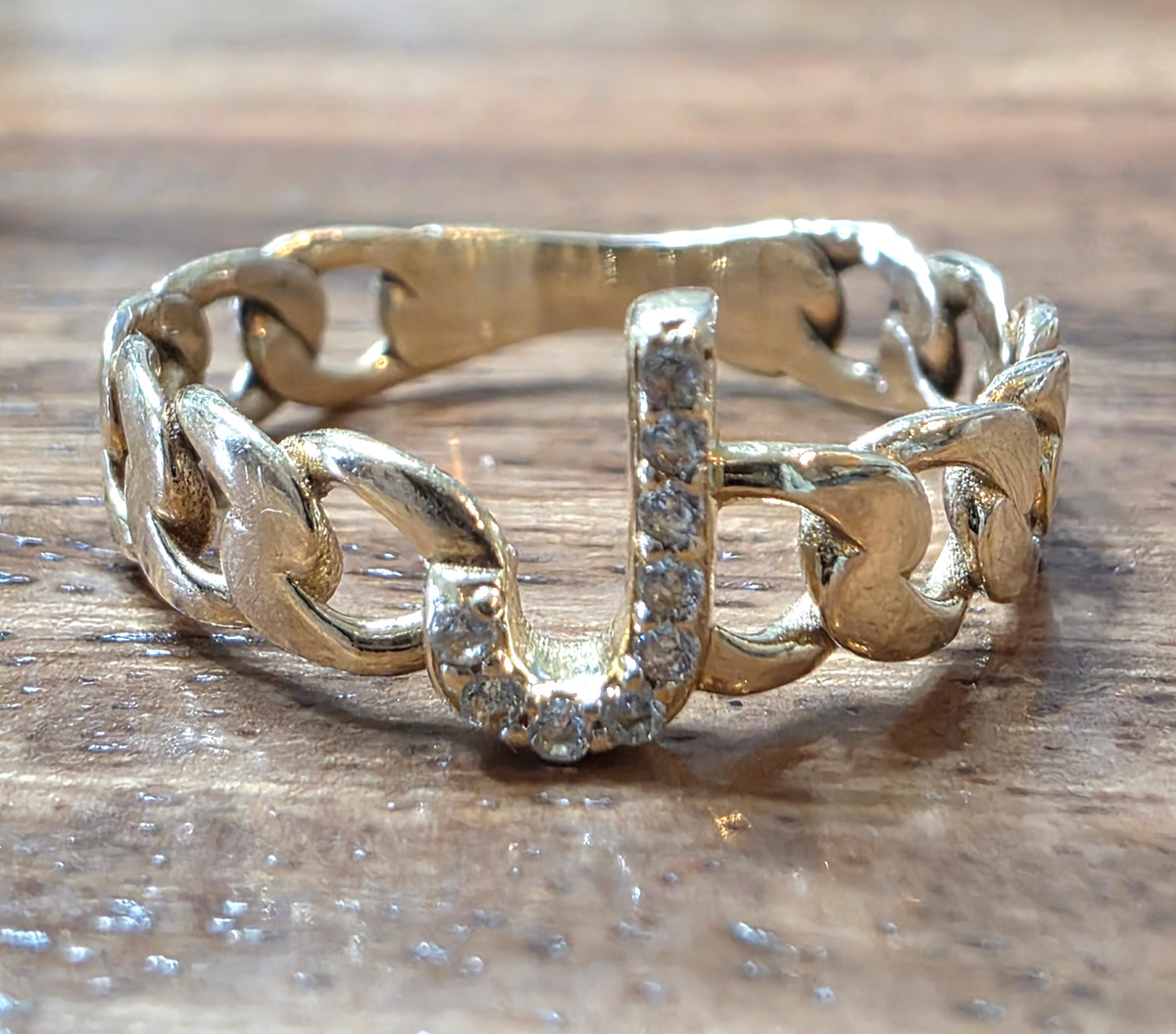 Vintage 14k Gold Diamond "J" Initial Cuban Chain Link Ring, Size 7