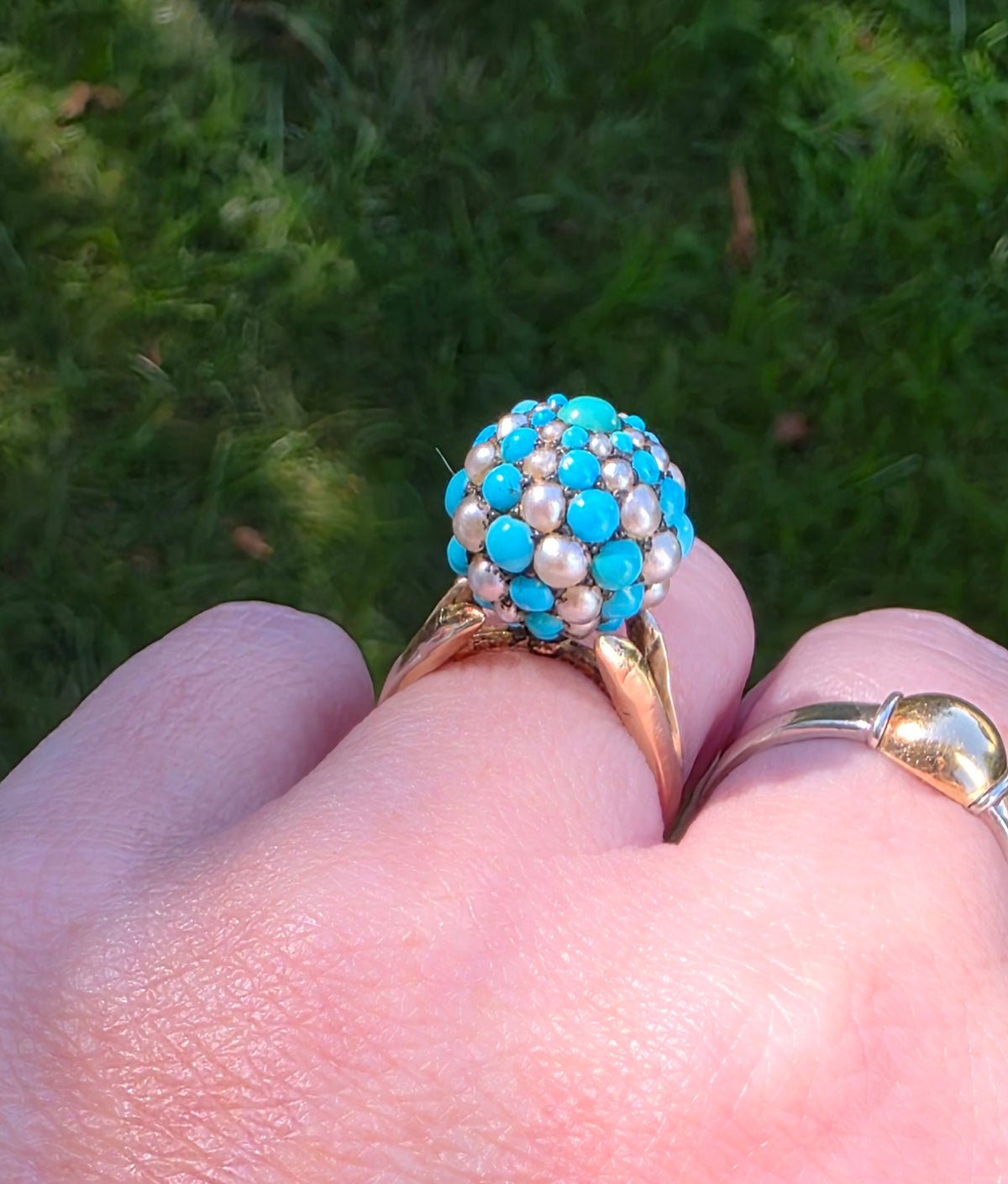 Vintage 14K Yellow Gold Falconi Signed Turquoise Pearl Basket Dome Cluster Ring