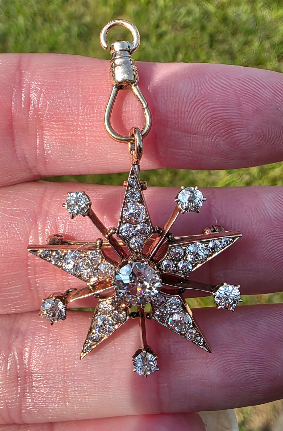Antique Victorian 14K Gold Diamond Celestial Starburst Brooch Pendant Old European Cut 3.3ctw