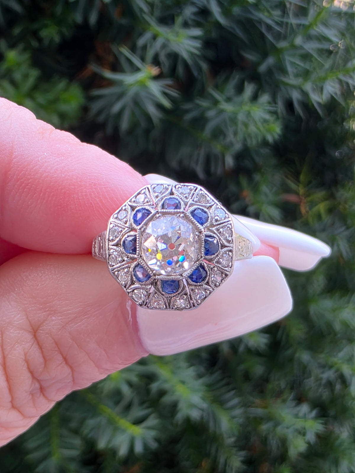 Art Deco Platinum Old Mine Cut Diamond & Sapphire Filigree Ring
