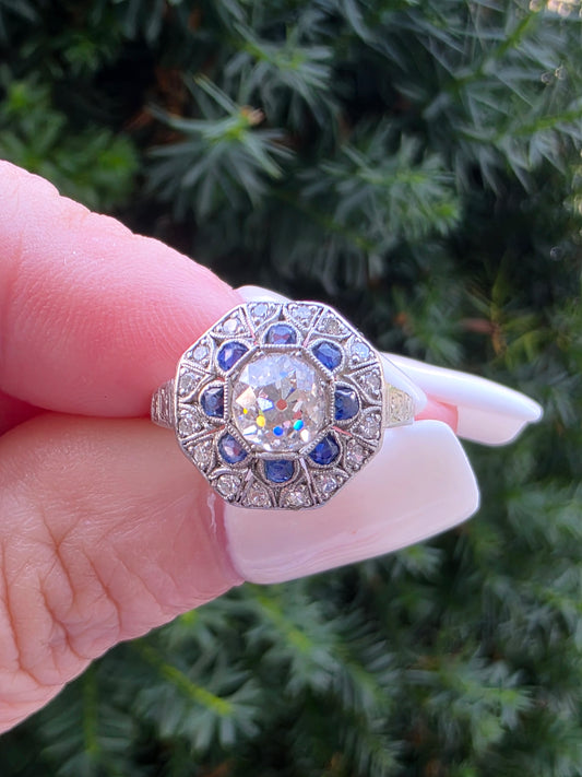 Art Deco Platinum Old Mine Cut Diamond & Sapphire Filigree Ring