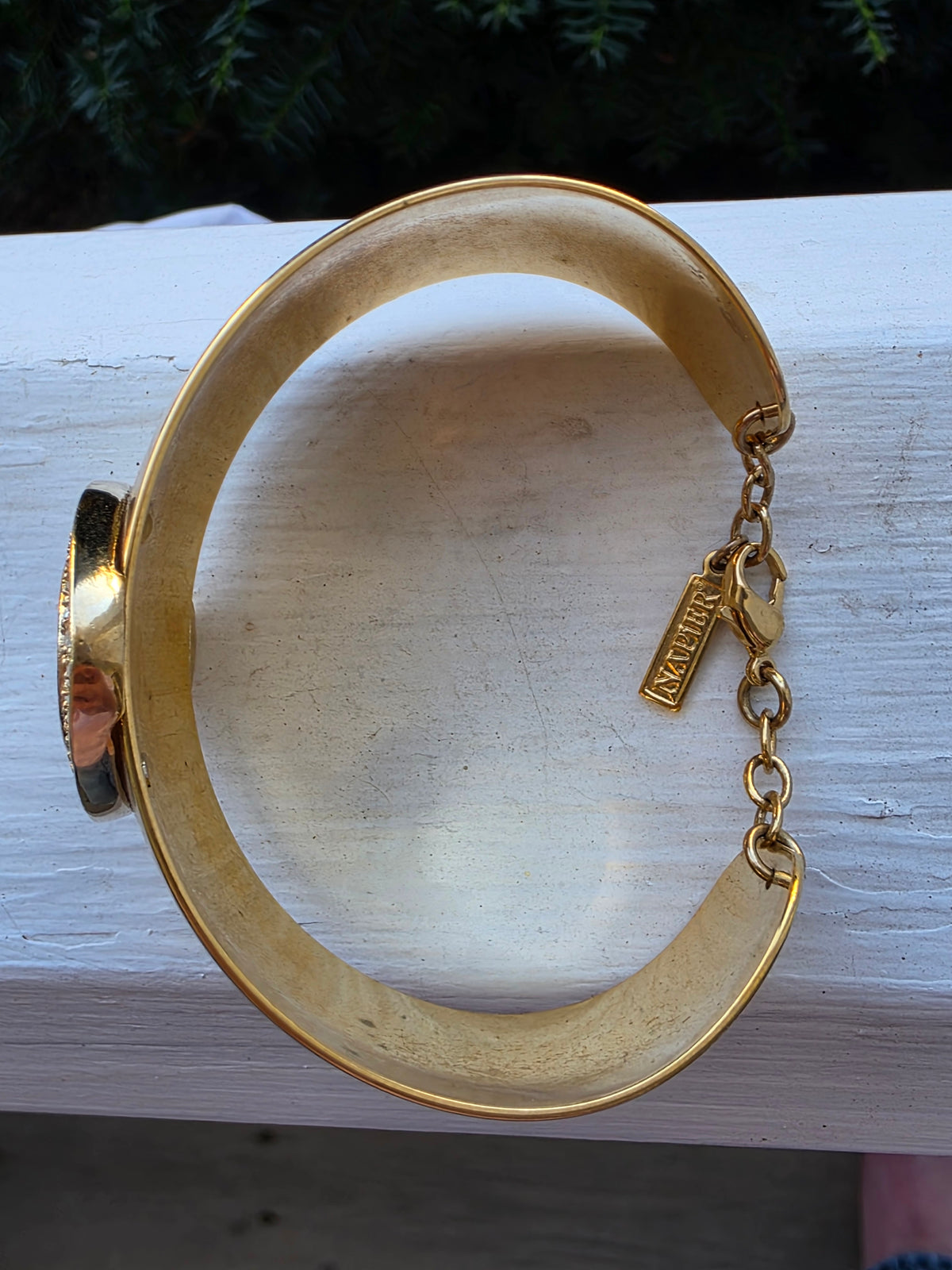 Vintage NAPIER Gold Tone Wide Cuff Bracelet Oval Rhinestone Statement Signed
