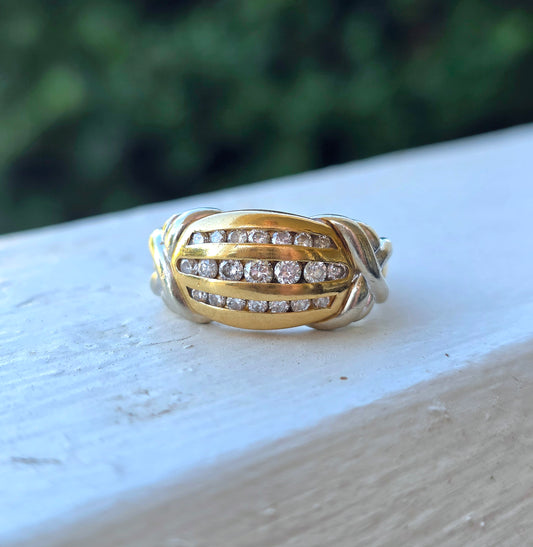 14k Yellow and White Gold Channel Set Diamond Dome Band