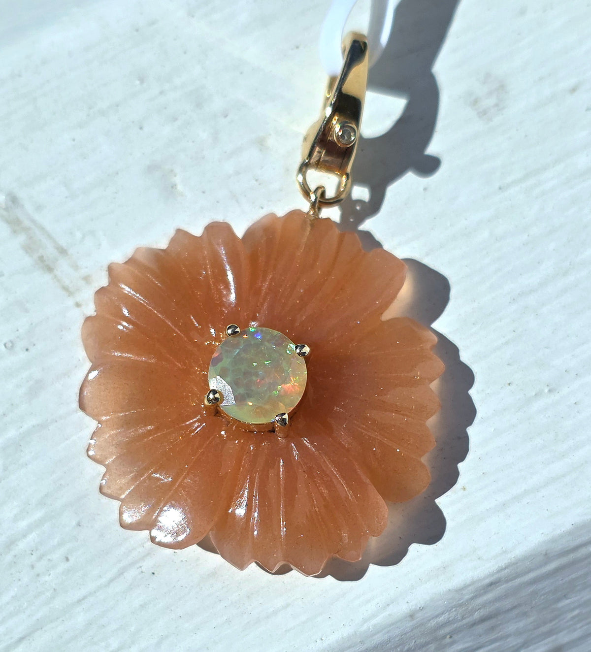 14k Gold Sunstone, Opal & Diamond Flower Pendant