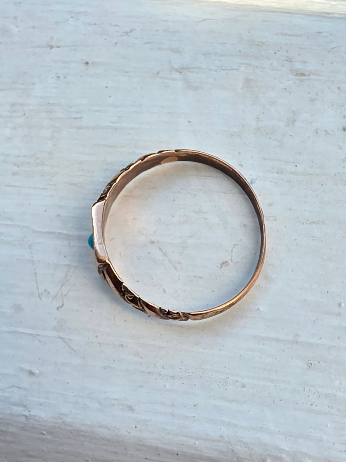 Antique Victorian 10k Rose Gold Embossed Starburst Turquoise Signet Ring