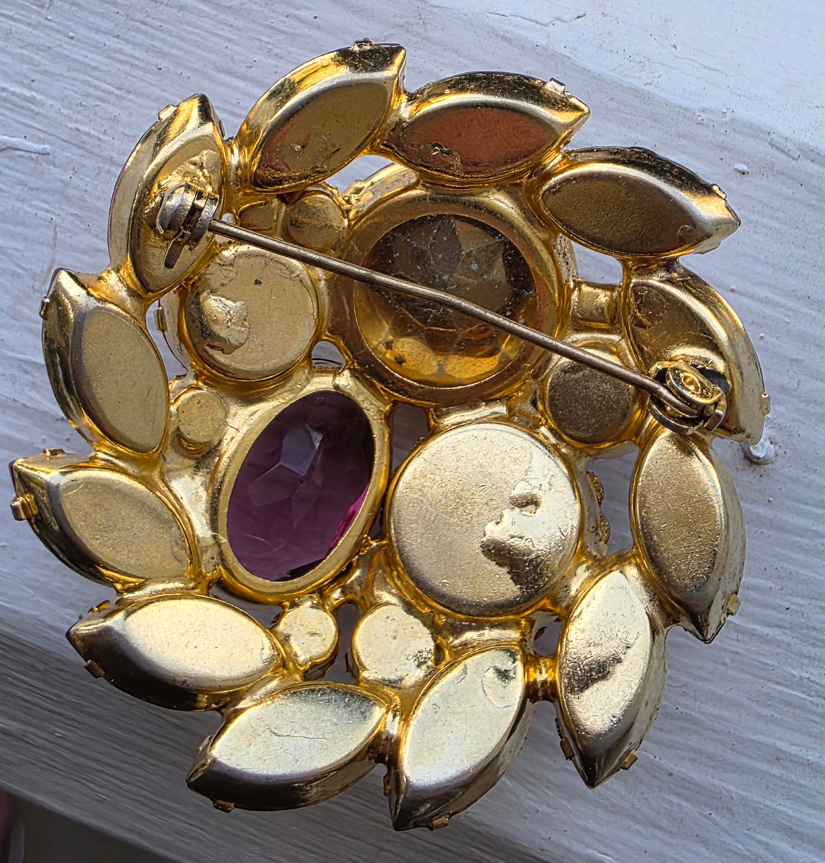 Vibrant Vintage Unsigned Pink Rhinestone Rivoli & Watermelon Brooch Pin