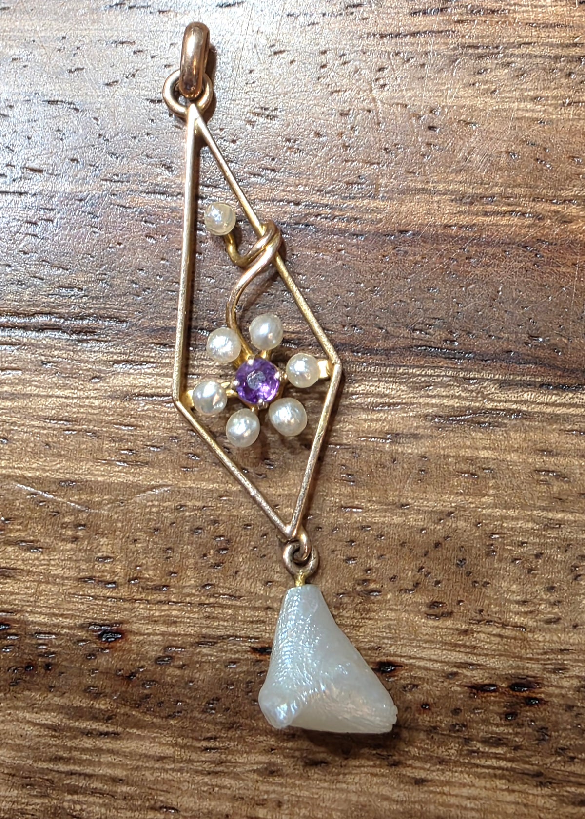 Antique Edwardian Era 10k Yellow Gold Amethyst & Pearl Lavalier Pendant