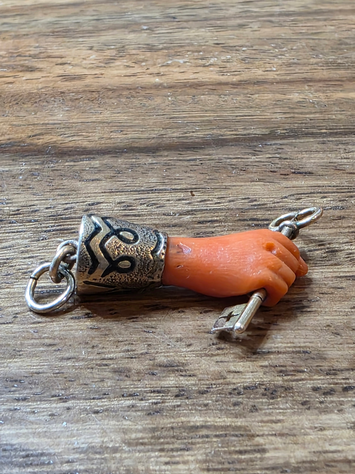 Antique 14k & 10k Carved Coral Hand Pendant Charm