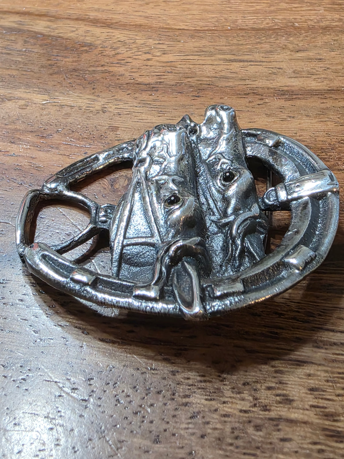 Antique Sterling Silver Double Horse Head Horseshoe Brooch Pin Equestrian Racing
