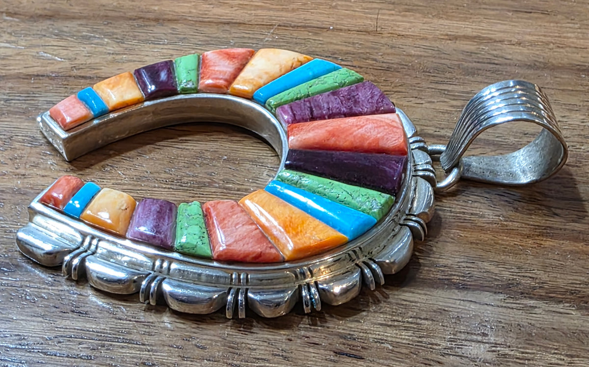 Signed Navajo Rick Tolino Sterling Silver Colorful Multi-Stone Naja Pendant