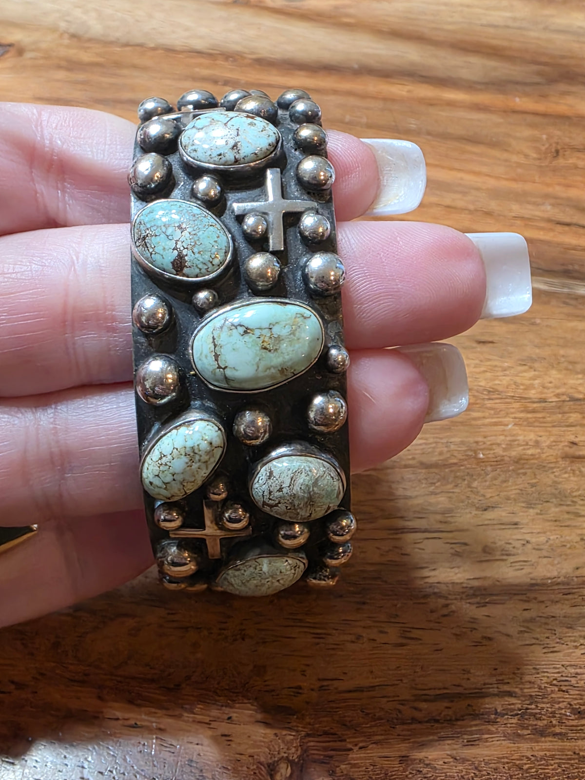 Navajo Ronnie Willie Dry Creek Turquoise Sterling Silver Cross Cuff Bracelet