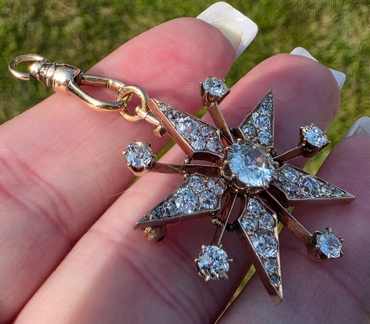 Antique Victorian 14K Gold Diamond Celestial Starburst Brooch Pendant Old European Cut 3.3ctw