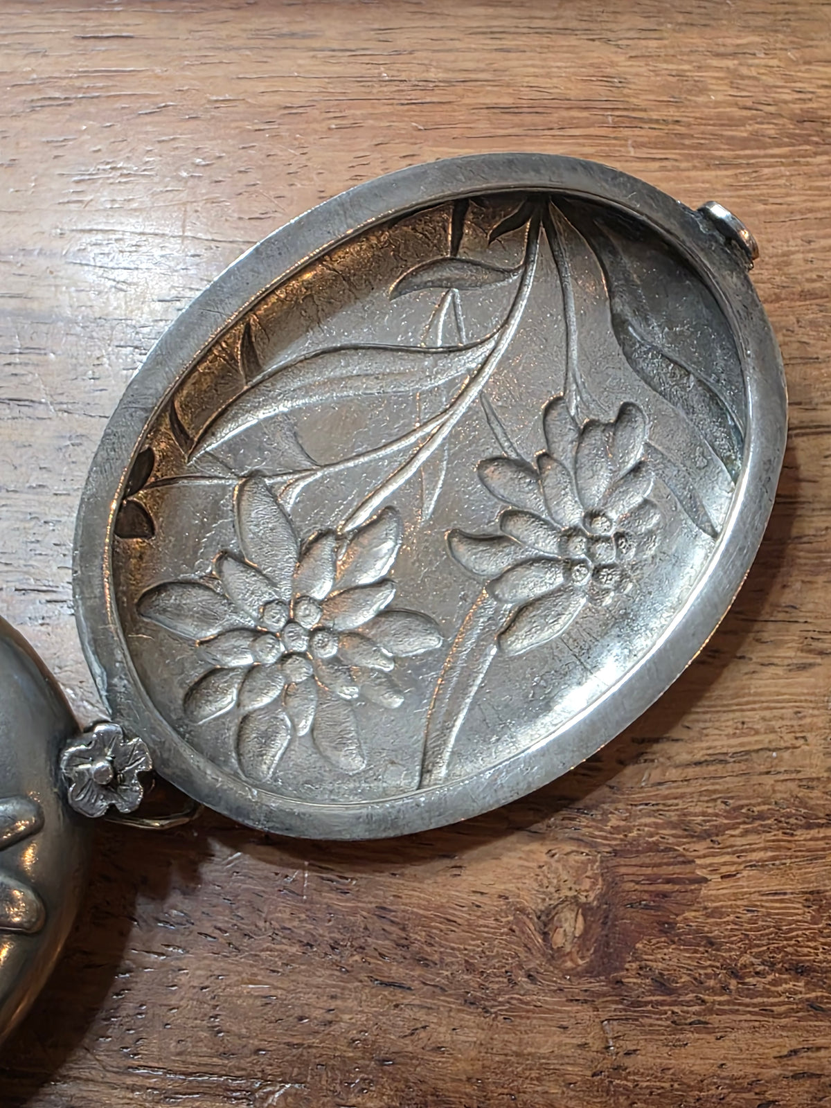 Antique French Art Nouveau Edelweiss Silver Sliding Pocket Mirror Pendant