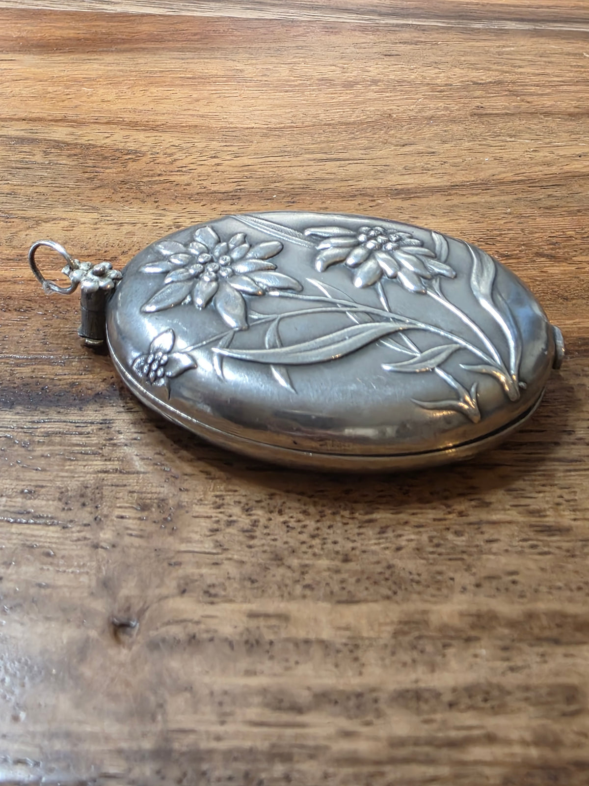 Antique French Art Nouveau Edelweiss Silver Sliding Pocket Mirror Pendant