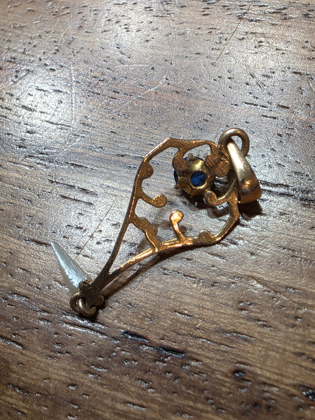 Antique Edwardian 10k Gold  Sapphire & Dog Tooth Pearl Drop Lavalier Pendant