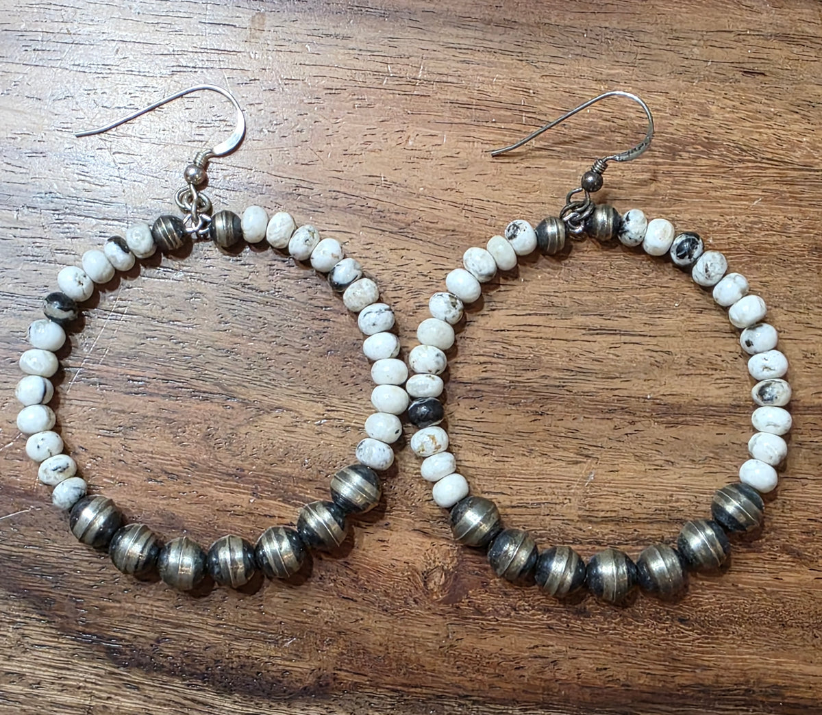 Native American Sterling Silver White Buffalo Navajo Pearls Hoop Earrings