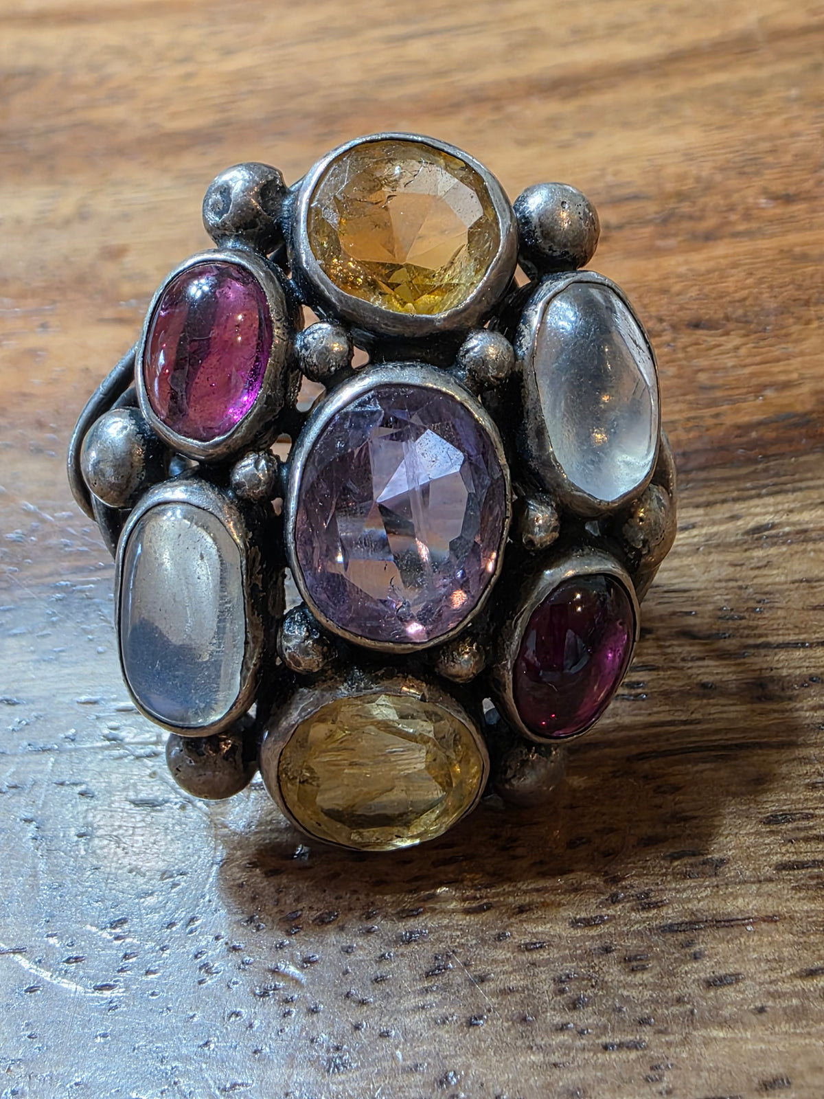 Retro 1930s Era Multi-Gemstone Sterling Ring, Moonstone Garnet Citrine